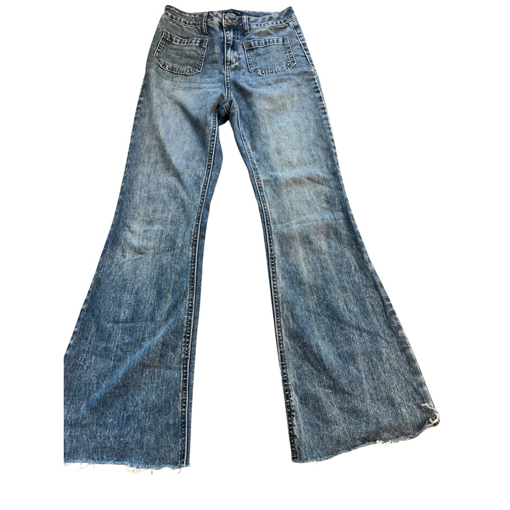 Sincerely Jules Womens High Rise Flare Jeans Medium Wash Raw Hem Size 1/25